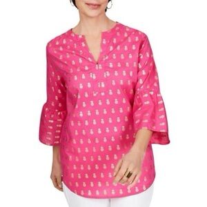 Foxcroft Reagan Pineapple Print Bell Sleeve Blouse Bright Pink Vacation Resort 6